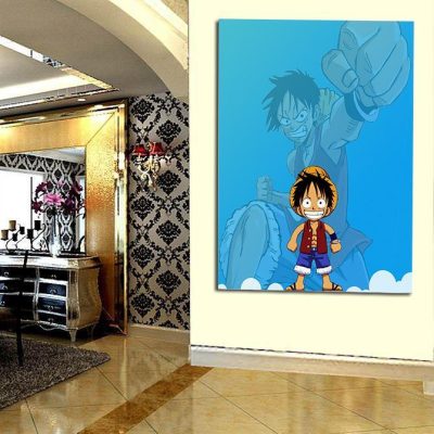 One Piece Chibi And Adult Straw Hat Luffy Blue 1pc Wall Art 3 - One Piece Shop