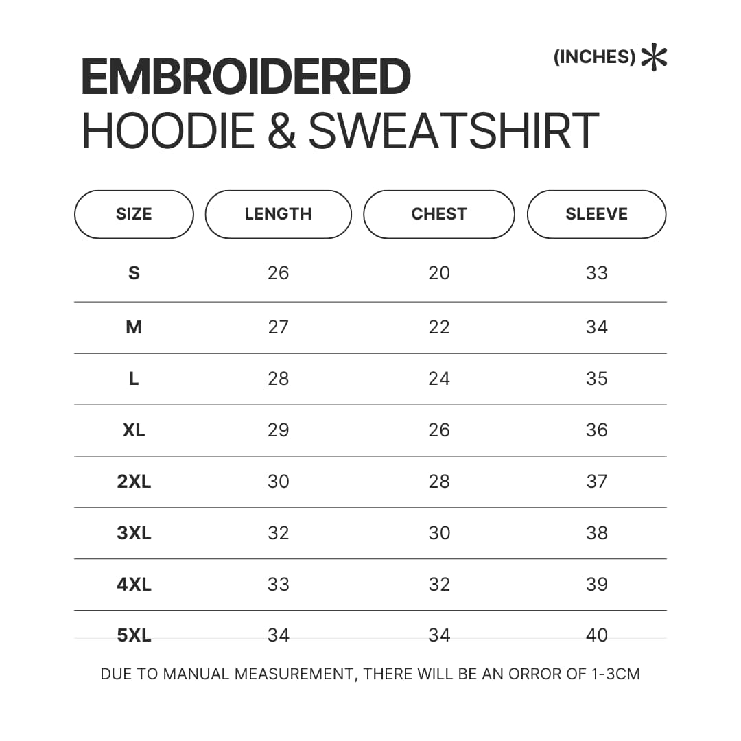 Embroidered Hoodie Sweatshirt Size Chart - One Piece Shop