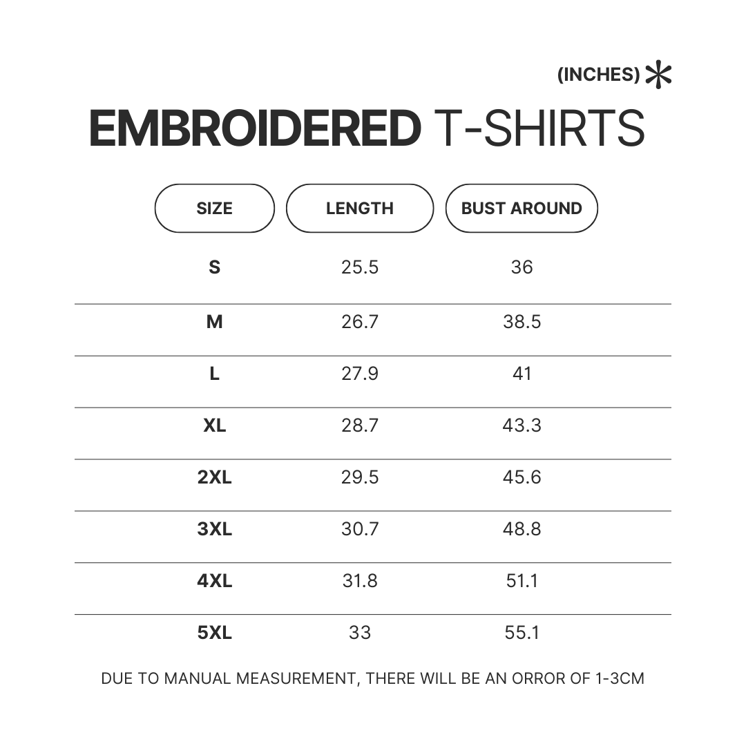 Embroidered T shirt Size Chart - One Piece Shop