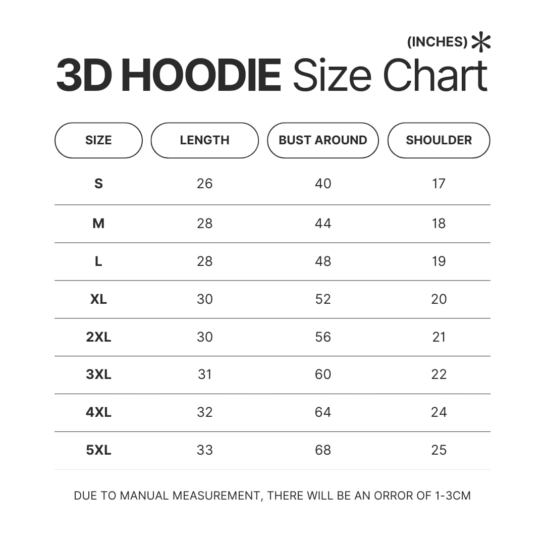 3D Hoodie Size Chart - One Piece Shop