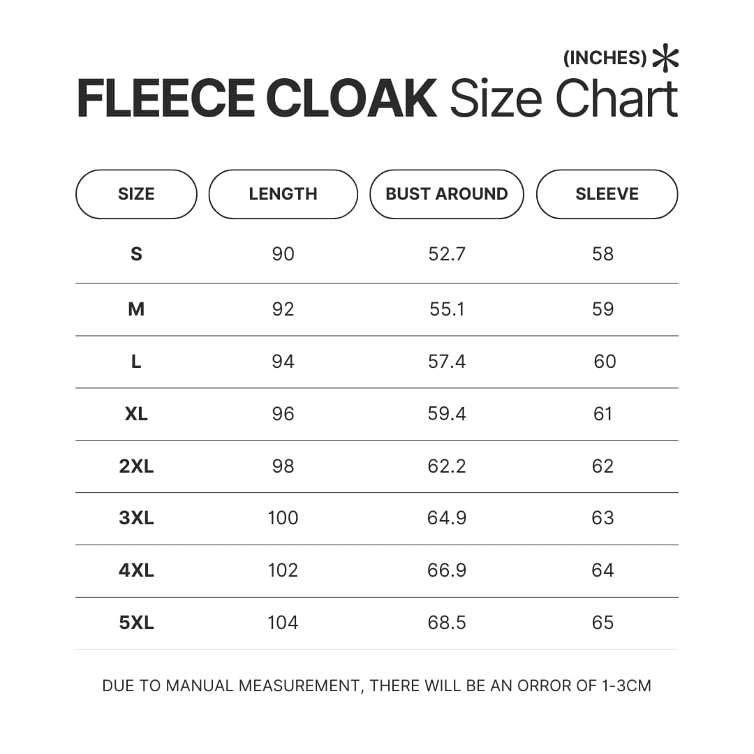 Fleece Cloak Size Chart - One Piece Shop